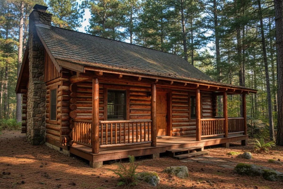 A rustic log cabin exterior, restored with rich wood stain, surrounded by pine trees and dappled sunlight, showcasing the natural grain and renewed vibrancy of the logs.