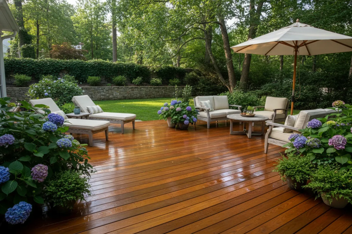A spacious backyard deck with a gleaming, freshly refinished surface, bordered by lush greenery and outdoor seating, emphasizing the durability and beauty of the restoration work.