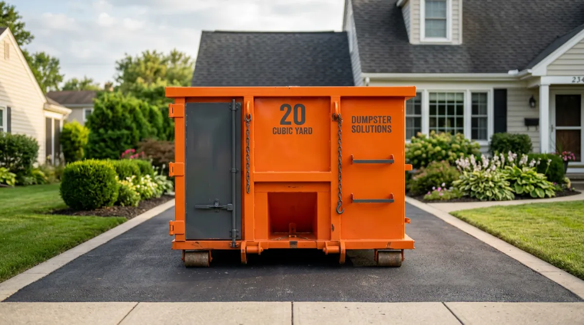 Heavy-duty roll-off dumpster delivery on residential driveway