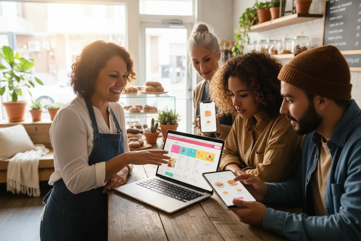 A small UK bakery owner arranging artisan pastries while checking a laptop showing ad analytics.