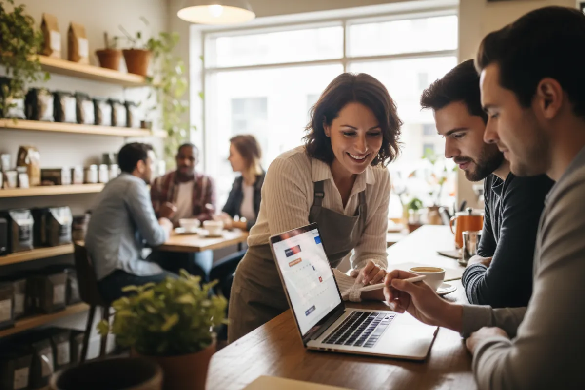 Small business owner and customers booking an appointment on a tablet, warm candid photorealistic