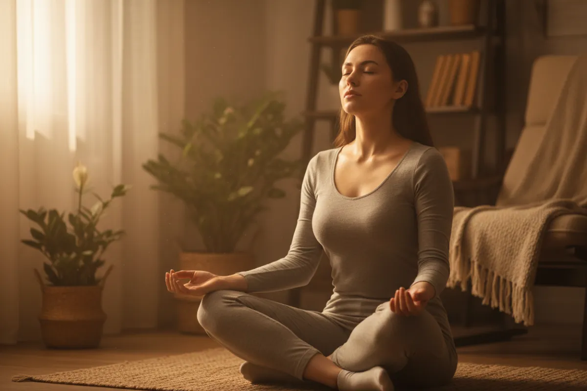 Meditative, breathing-themed portrait: a gentle, authentic portrait showing relaxed breathing on a soft neutral background, no people in strong poses, warm tones, 1:1 aspect ratio.