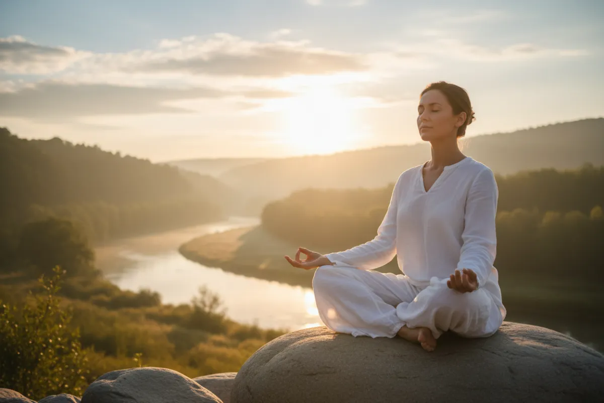 Meditative, breathing-themed image: soft landscape or person in seated breath pose with gentle light, calming colors.