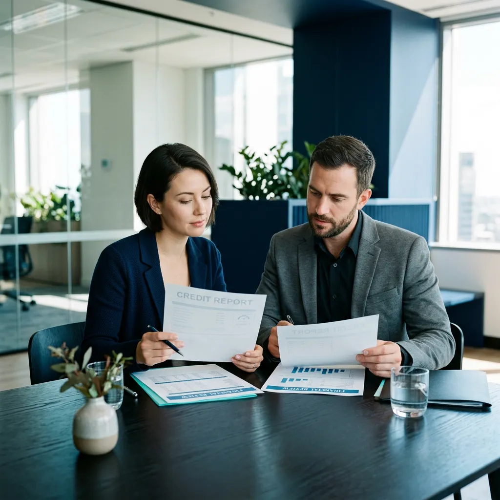 Diverse professional couple calmly reviewing credit reports and financial documents in a light-filled modern architectural space