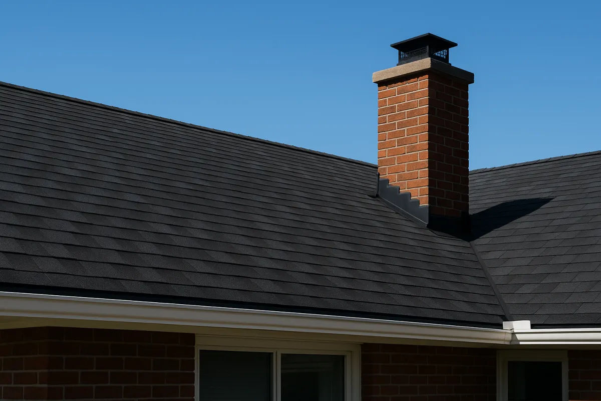 Completed roof replacement on ranch-style house with chimney