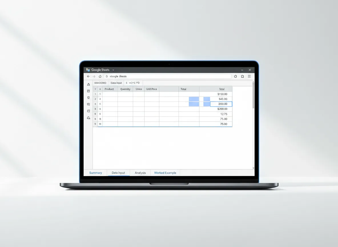 Google Sheet Workbook with 10 tabs and worked example mockup