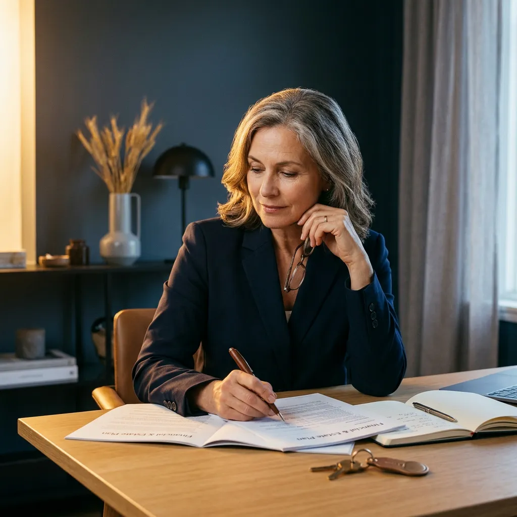 Real estate professional in a calm, modern office reviewing personal financial documents and estate plans