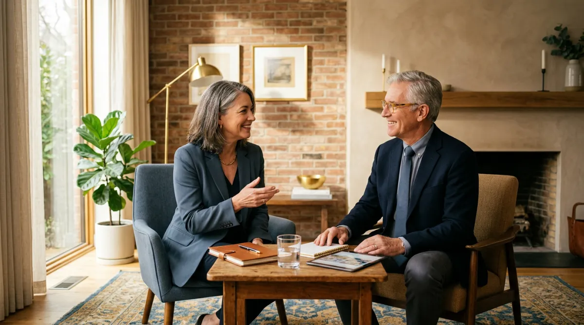 A warm, genuine professional consultation between a real estate advisor and client reviewing thoughtful wealth strategies in a sunlit architectural space