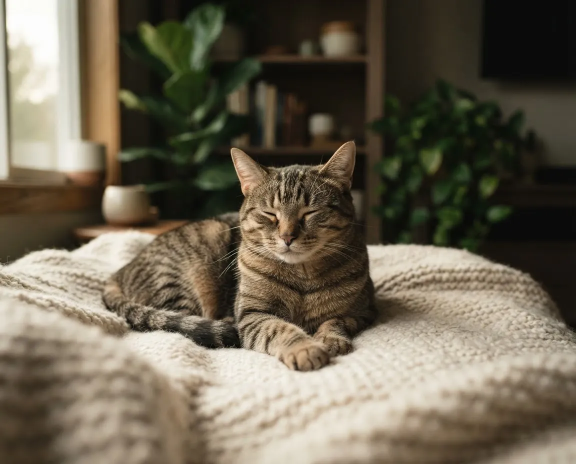 A healthy domestic cat resting peacefully in a warm sunlit room, embodying comfort and security