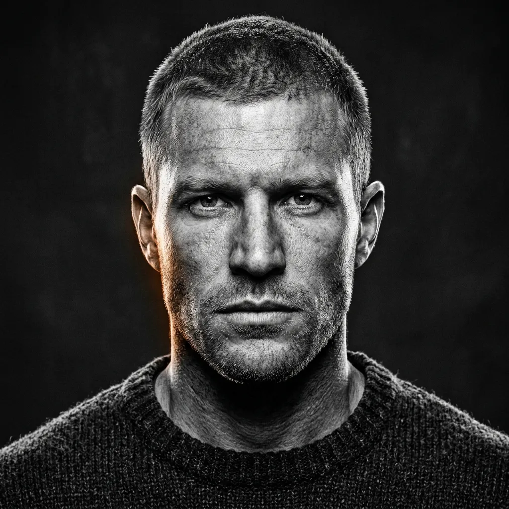 Stark high-contrast black and white portrait avatar of Marcus Vance