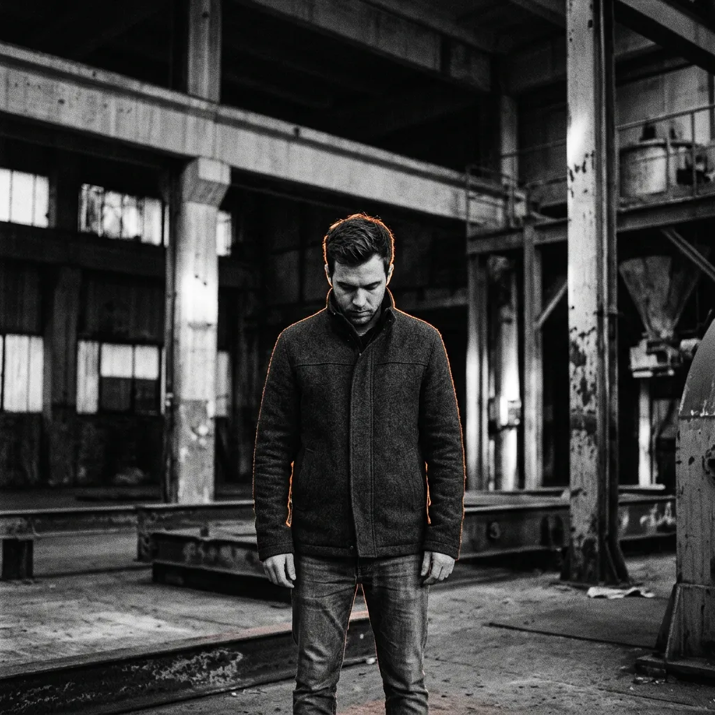 A solitary man standing in a dimly lit industrial space, capturing modern isolation and raw focus