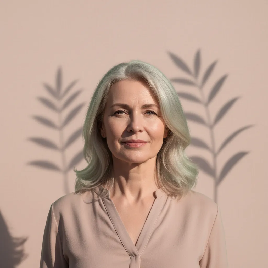 A mature woman standing powerfully in a peaceful, natural setting