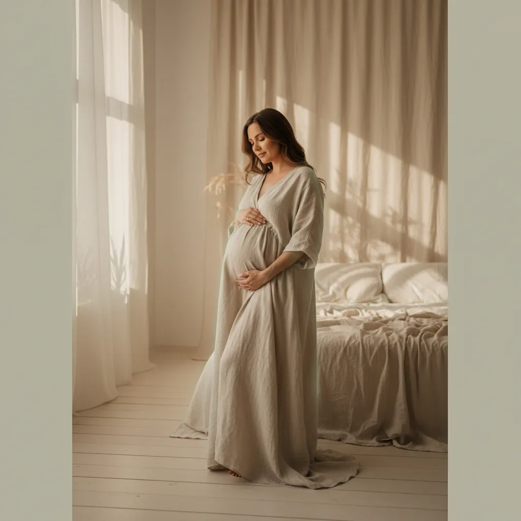 A serene expectant mother resting in soft natural light