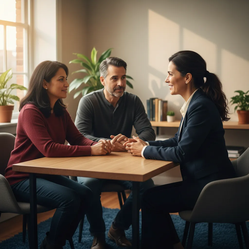 Advisor speaking with a middle-aged couple in a bright, friendly office.