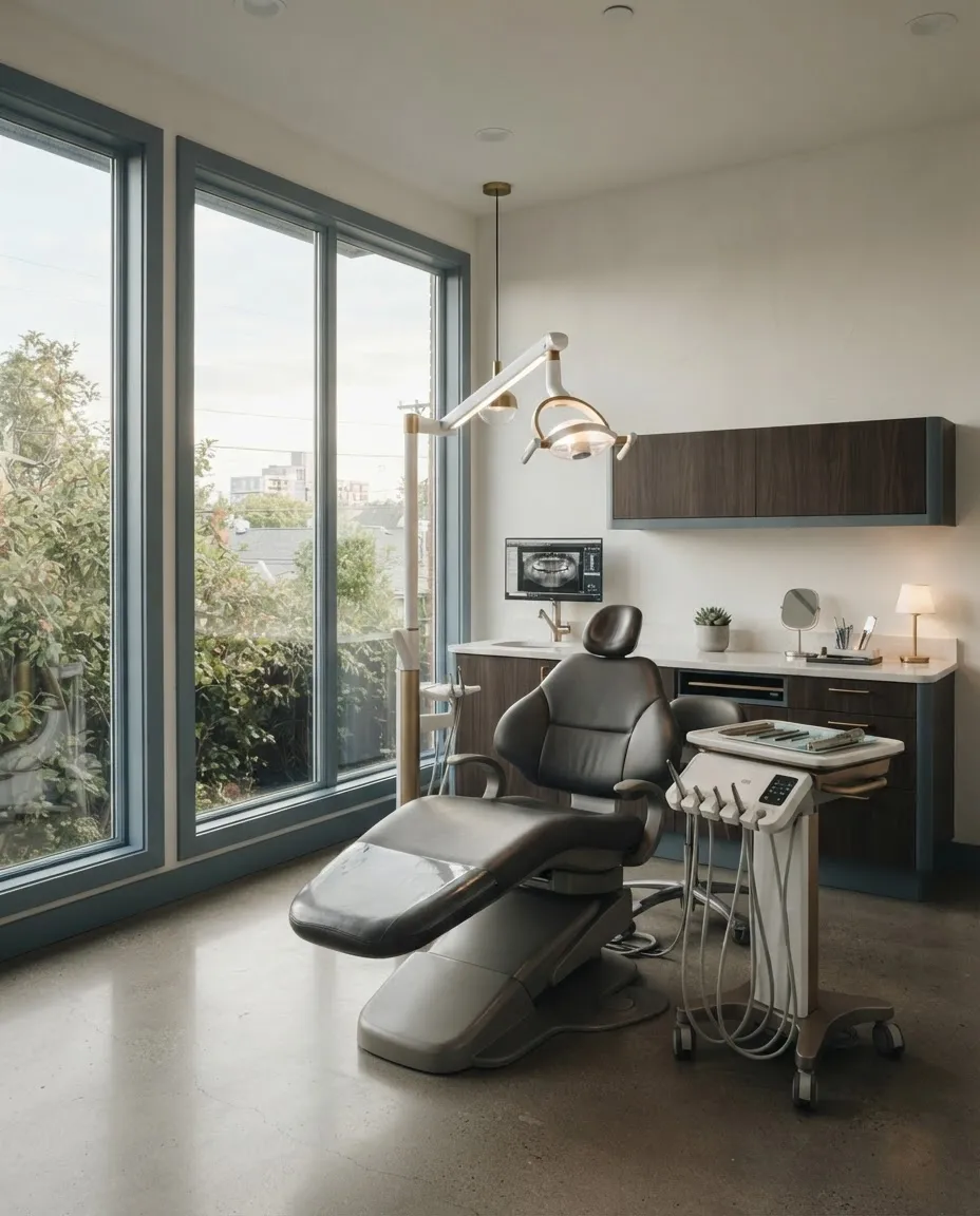 Modern high-end dental operatory showcasing clinical precision and warm boutique design