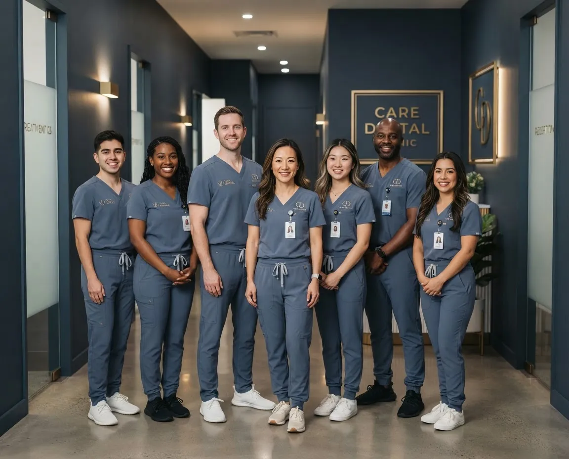 Modern high-key dental practice team in a clinical office setting
