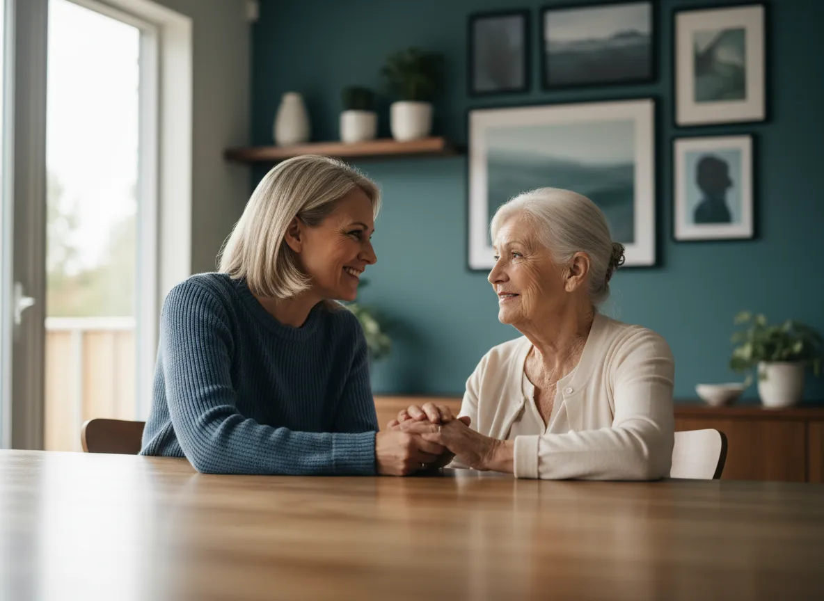 Adult daughter holding hands with aging parent at home