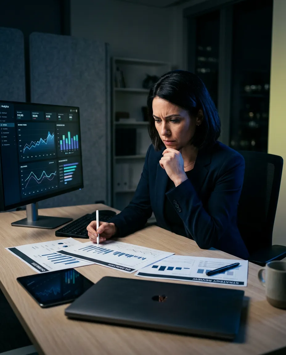 Growth strategist auditing fragmented digital campaign metrics and declining ad performance data
