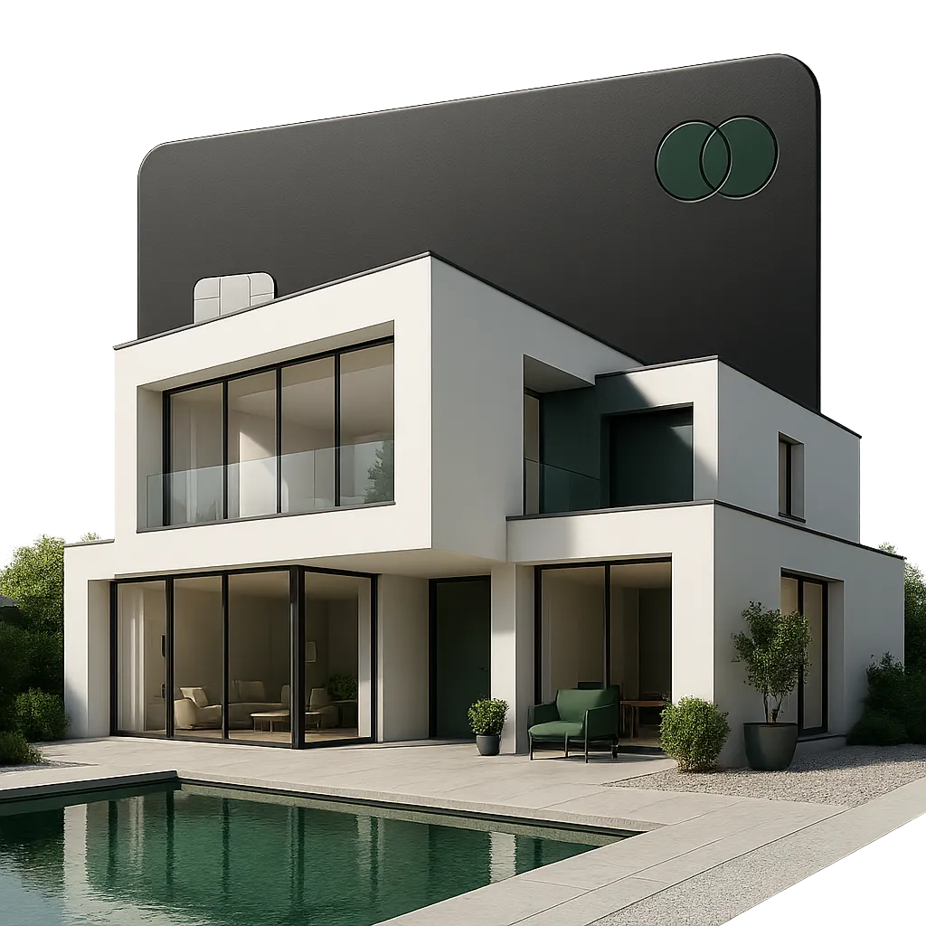 Cutout illustration of a modern luxury home alongside prime black credit card representing credit building and mortgage approval goals