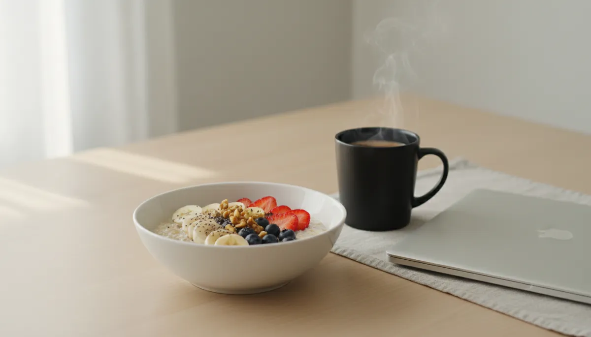 Miska s jednoduchou zdravou snídaní na stole