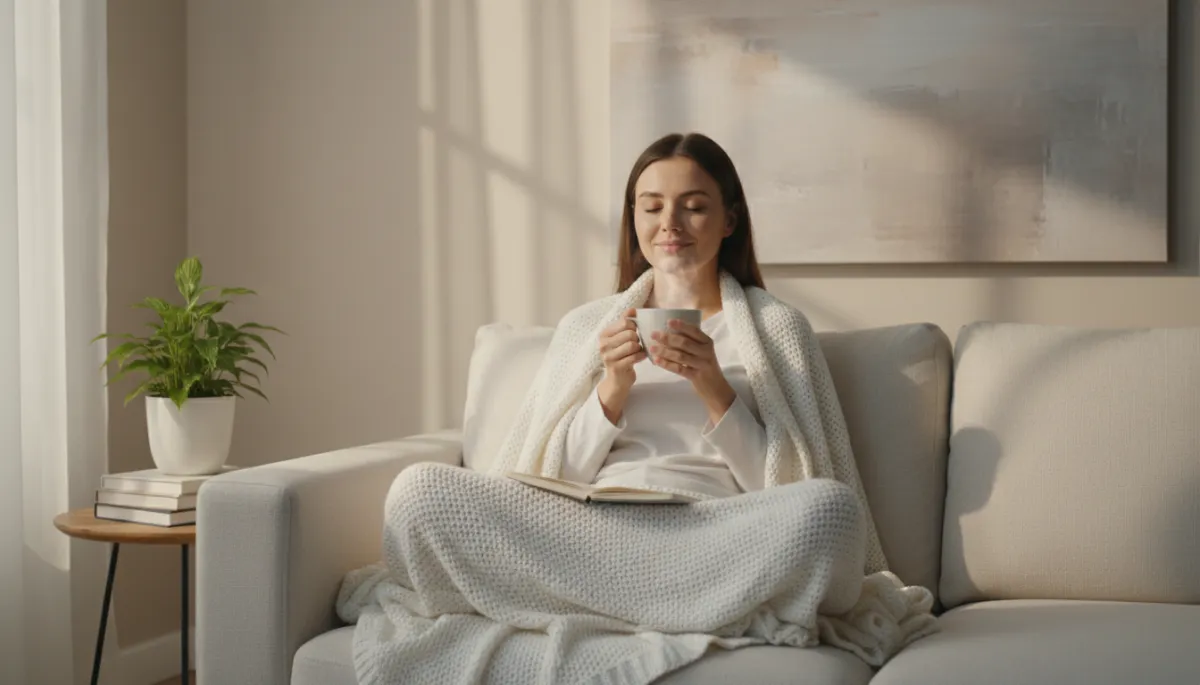 Žena sedící na pohovce s šálkem čaje a zápisníkem