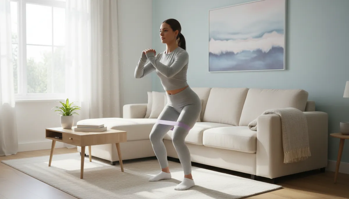 Žena cvičí doma s gumičkou u gauče