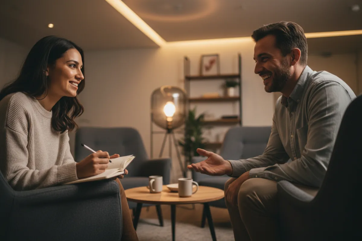 A close-up of two people in a relaxed, modern lounge, one taking notes while the other speaks, both smiling and engaged. The environment is casual yet professional, with soft lighting and comfortable seating, highlighting a supportive and insightful coaching consultation experience.