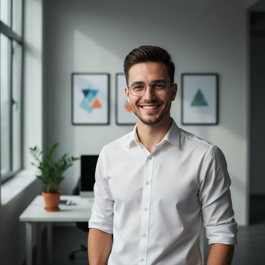 Portrait of a young man with short hair and glasses, wearing a crisp white shirt, standing in a modern workspace with motivational posters. He radiates enthusiasm and professionalism, specializing in career coaching for young professionals.