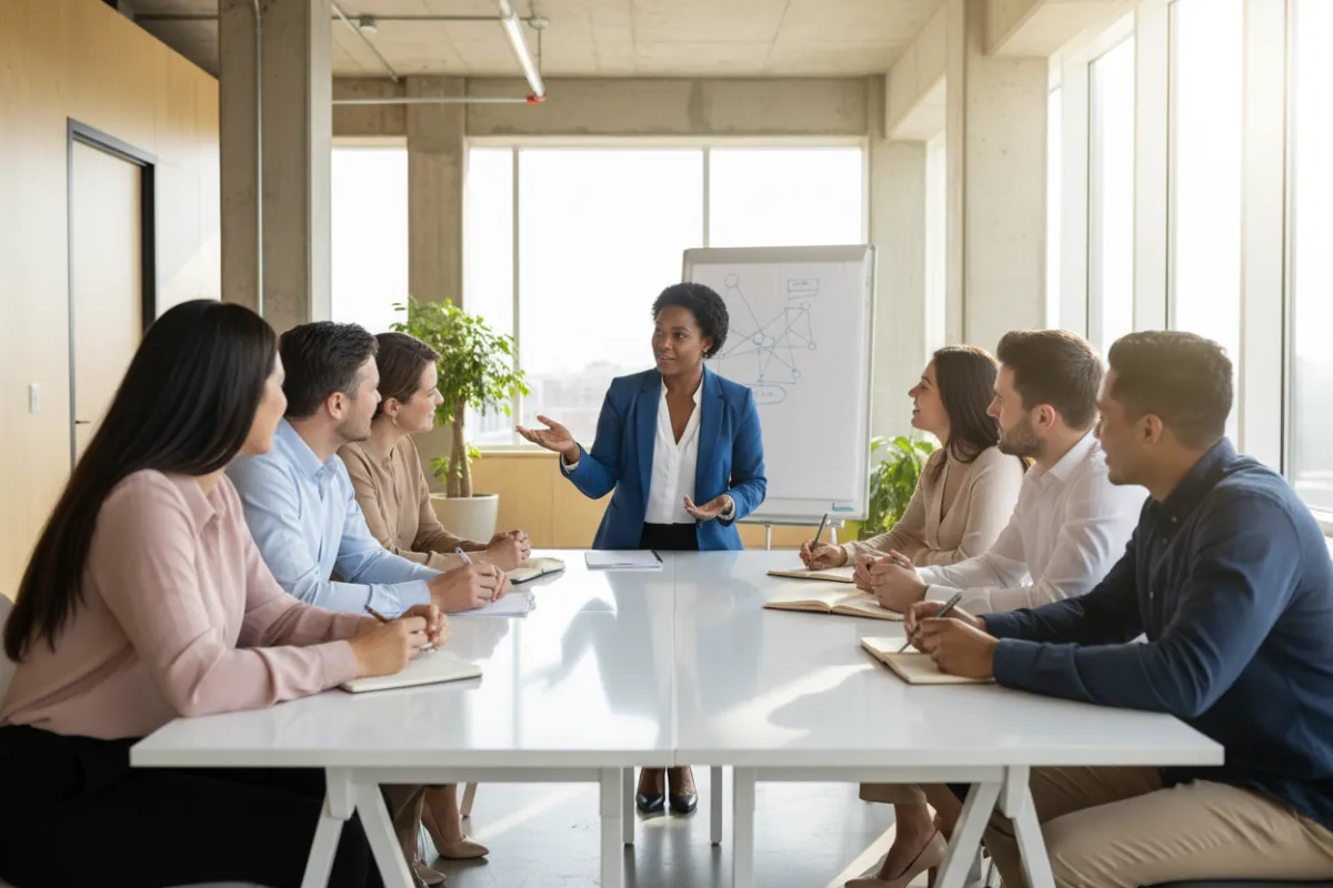 A diverse group of adults in a bright, modern office, engaged in a dynamic coaching session, with a coach guiding the discussion. The group appears motivated and attentive, with natural daylight streaming through large windows. The setting is professional, energetic, and welcoming, emphasizing personal growth and collaboration.