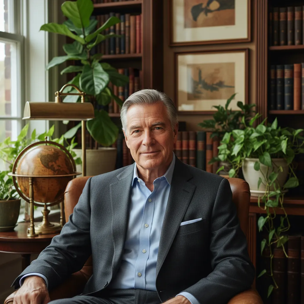 Portrait of an older man with salt-and-pepper hair, wearing a tailored suit and a gentle smile, seated in a cozy study with plants and artwork. He brings wisdom and empathy, specializing in executive and leadership coaching.