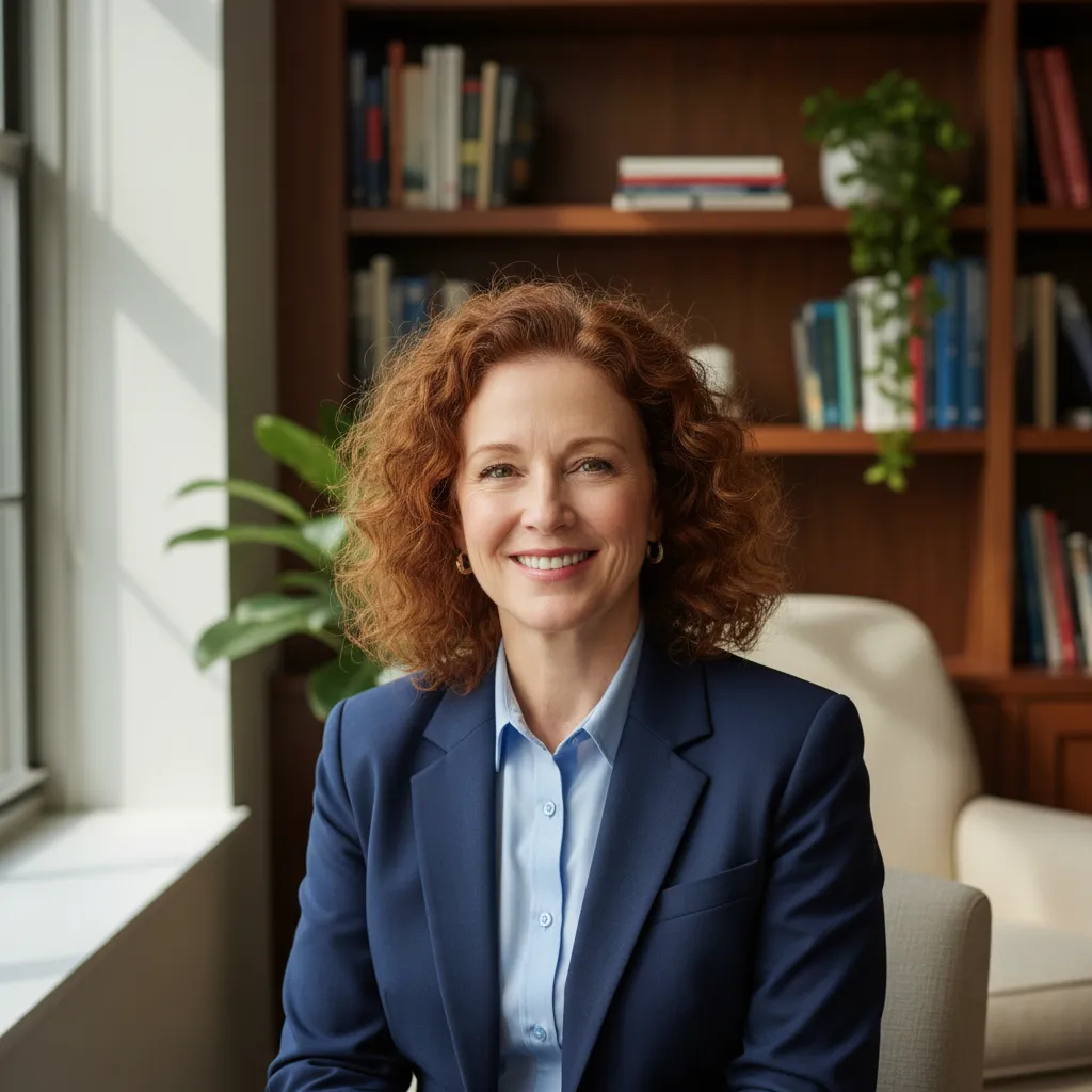 Portrait of a middle-aged woman with curly hair, wearing a navy blazer and a warm smile, seated in a sunlit office with bookshelves in the background. She exudes confidence and approachability, representing a seasoned life coach dedicated to personal growth.