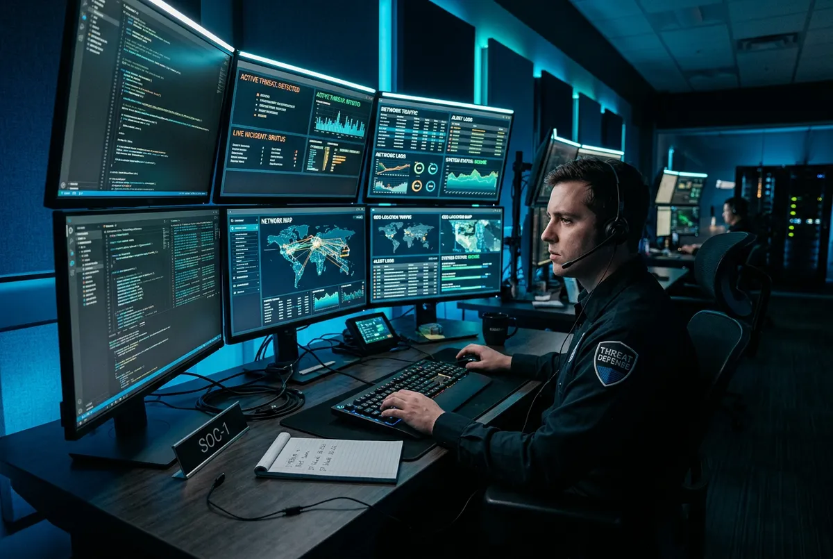Managed Security Operations Center digital dashboard displaying telemetry alerts and live incident response metrics