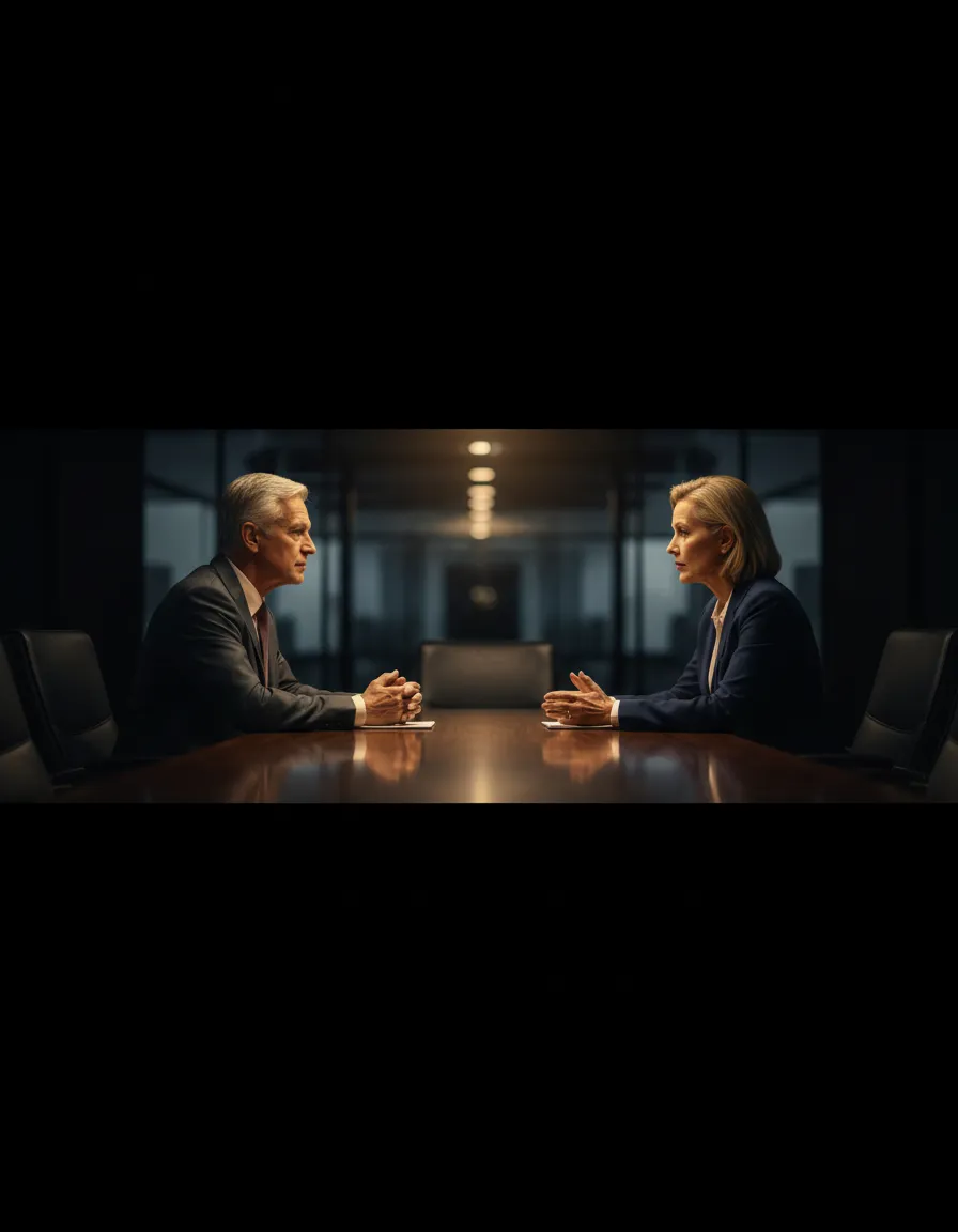 Two senior executives engaging in structured dialogue resolving a strategic misalignment