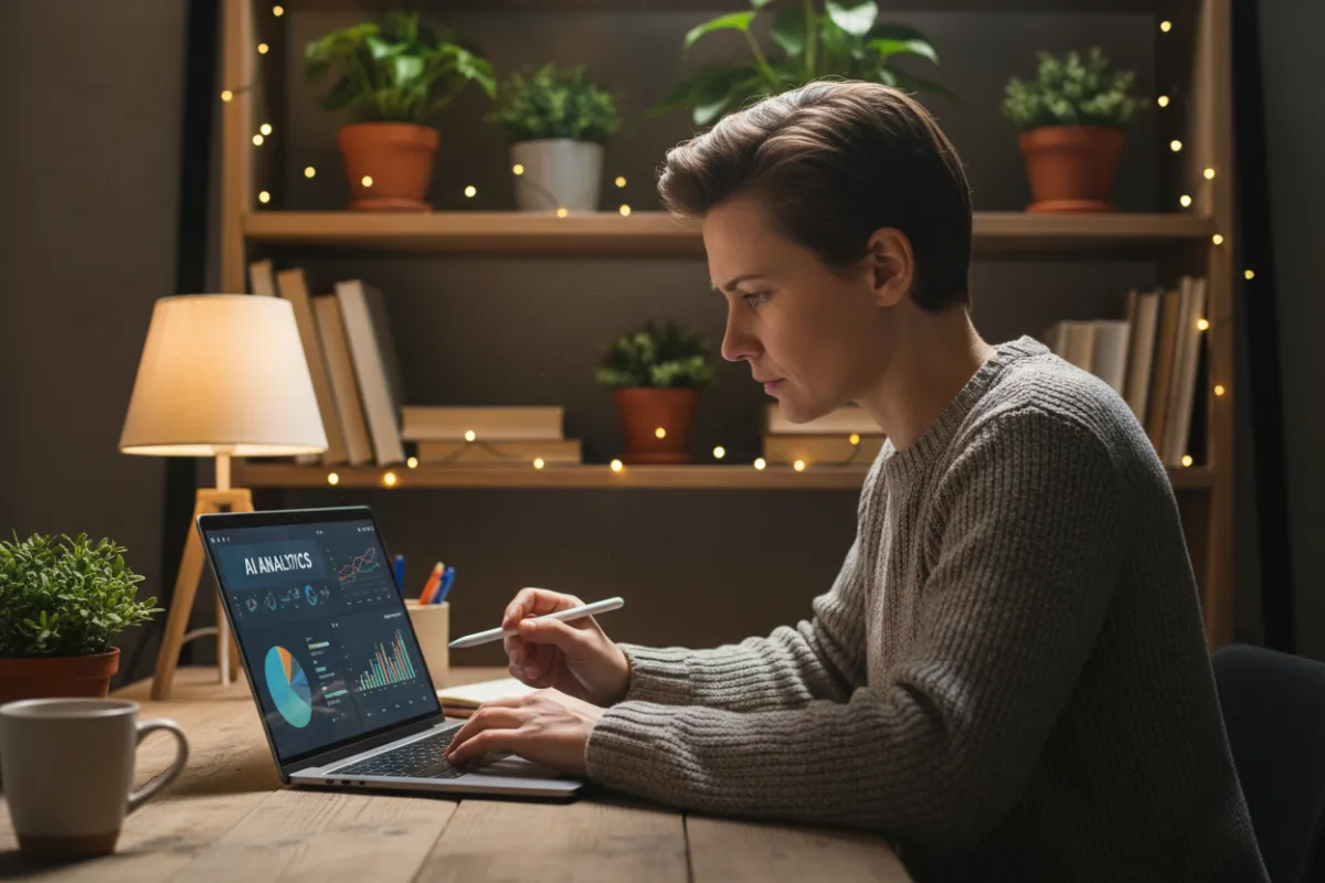 A small business owner reviewing AI-generated analytics on a laptop in a cozy workspace, 3:2 aspect ratio, warm lighting, focused expression