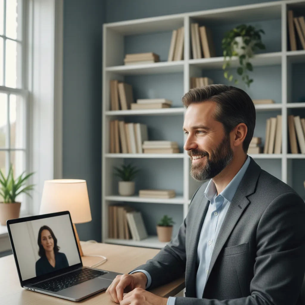 A consultant on a video call with a small business client, modern home office, 1:1 aspect ratio, clear focus, professional, friendly expression