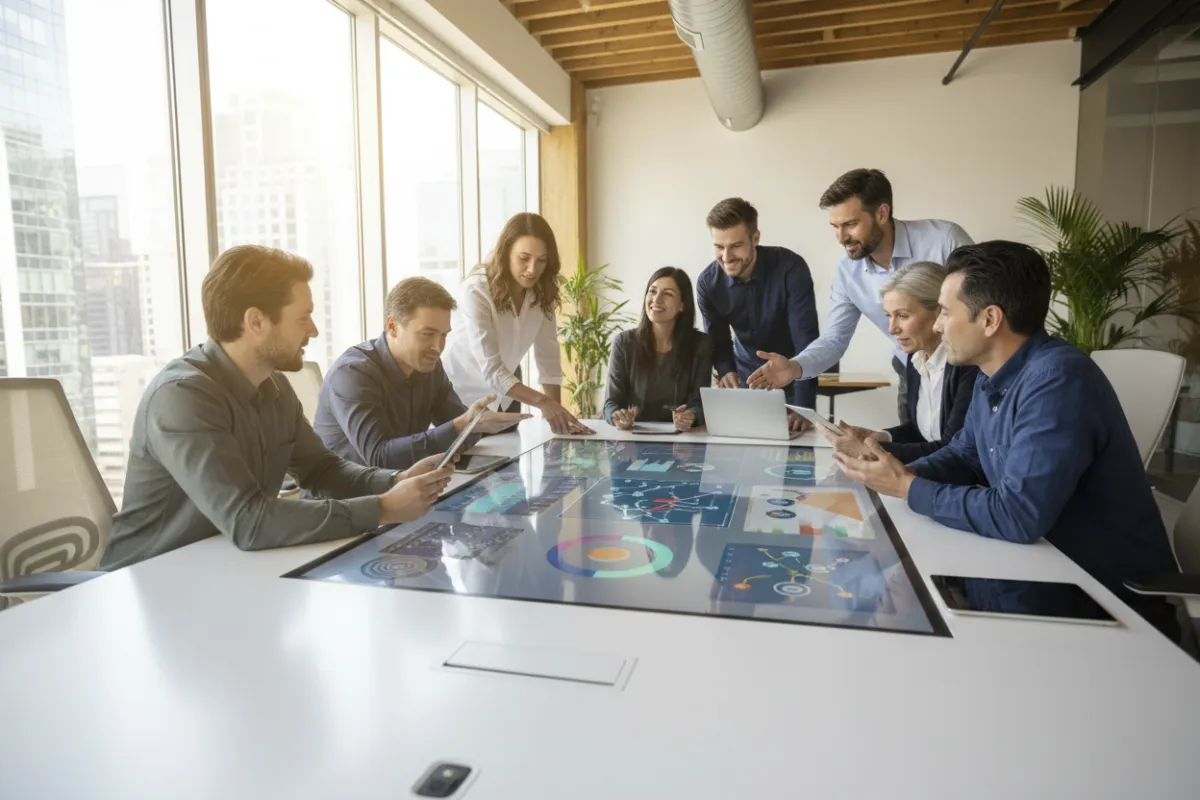 A diverse group of small business owners collaborating around a digital dashboard, vibrant office, modern tech, energetic mood, 3:2 aspect ratio