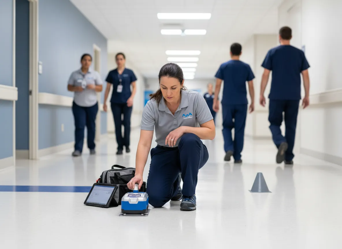 Professional walkway safety evaluator in a healthcare or commercial facility