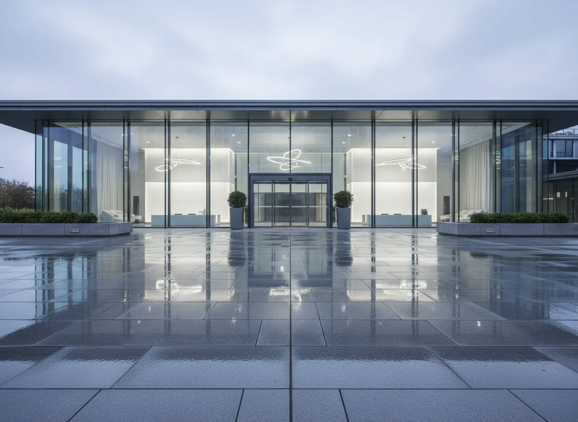 Professional commercial entryway during light rain