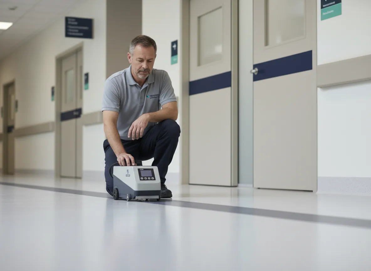 Technician performing professional floor traction testing in a facility corridor