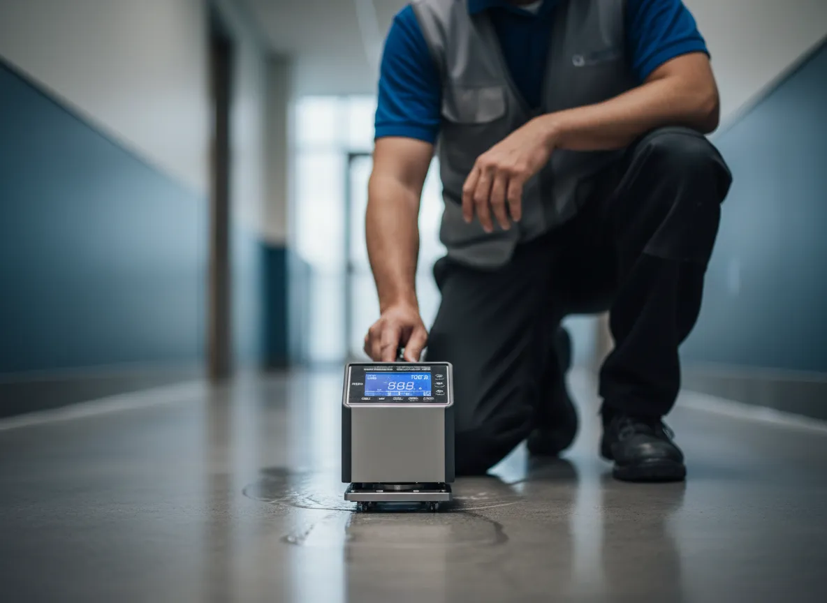 Technician performing DCOF slip resistance testing on a floor surface