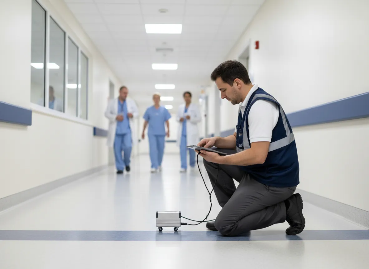 Technician conducting walkway safety audit in a hospital corridor while facility remains in normal operation