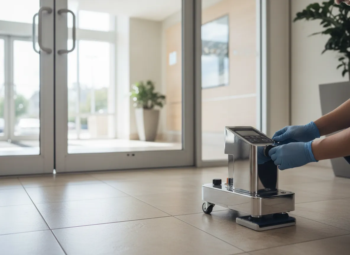 Close-up of DCOF slip resistance testing device on a building entry walkway