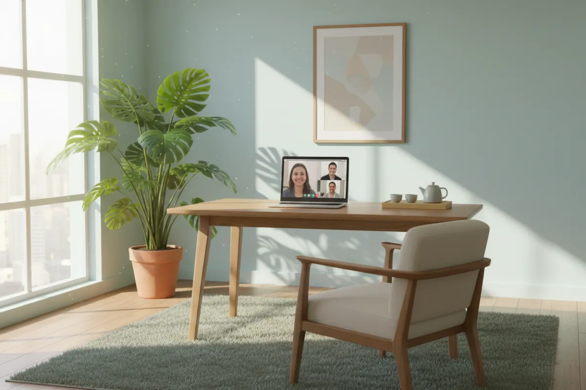 A serene consultation space with a large leafy plant, a wooden desk, and a laptop open to a video call, sunlight streaming through the window, 3:2 aspect ratio.
