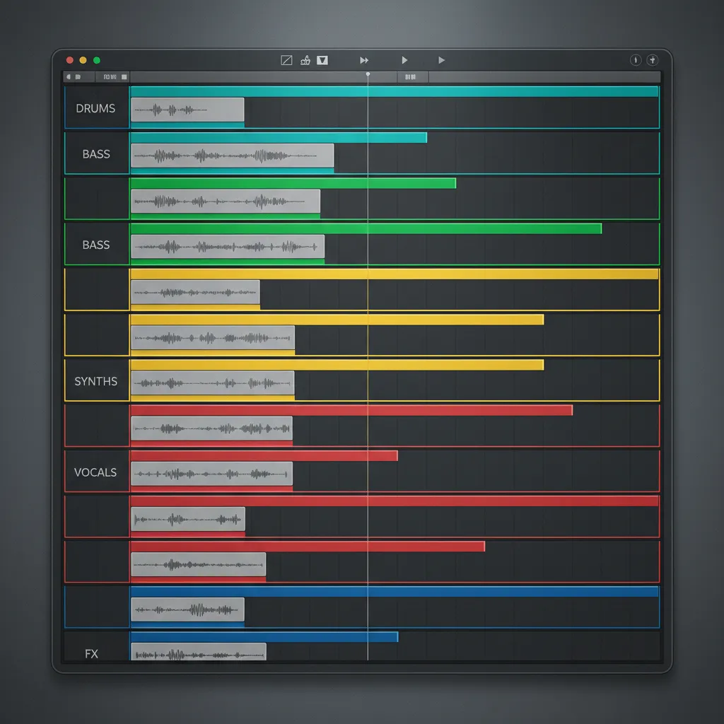Multi-track stems laid out in a DAW arrangement view, showing labeled lanes and clean stems.