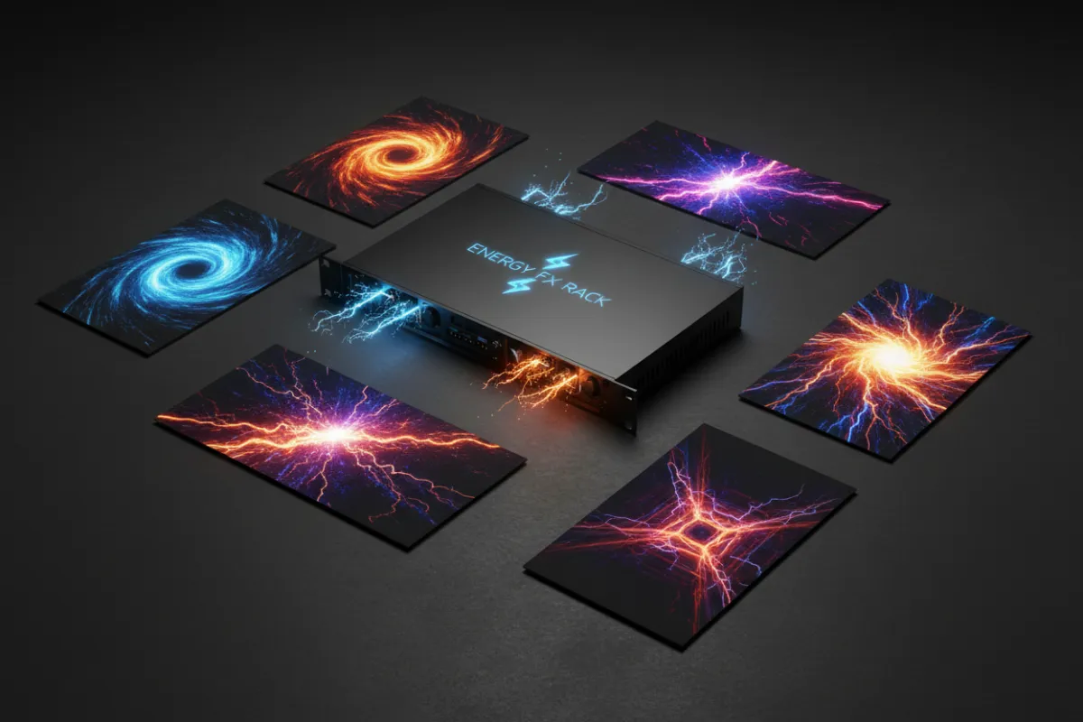 ENERGY FX rack and transition sample thumbnails arranged on a dark studio surface