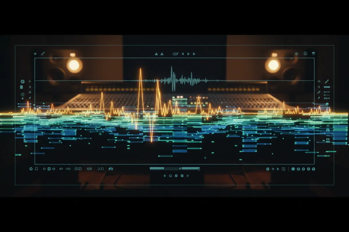 Abstract visual of MIDI lanes and waveform overlays demonstrating pattern generation in a studio context