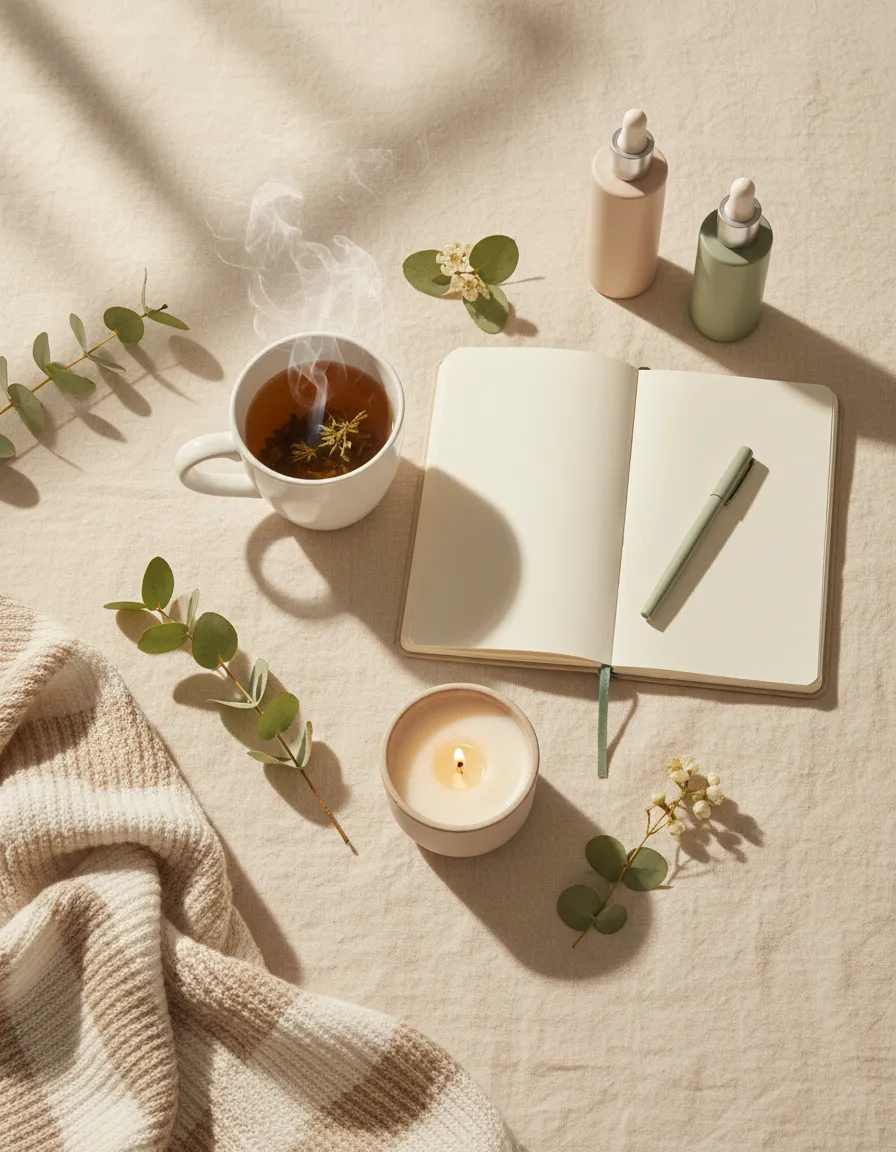 A calming, aesthetic lifestyle shot featuring natural textures, soft sunlight, and wellness elements like tea and journals.