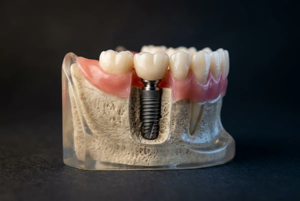 Dental implant model demonstrating permanent titanium post integration