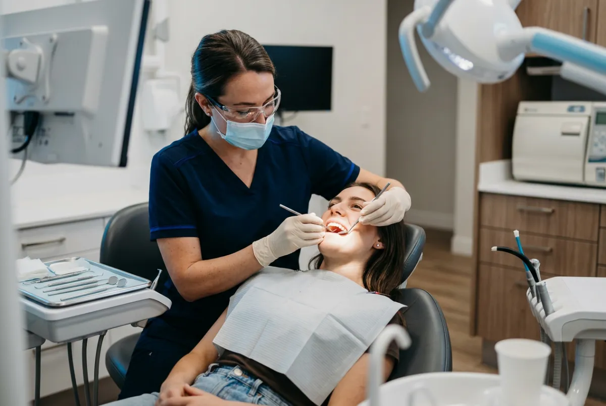 Dentist performing gentle routine care examination and cleaning