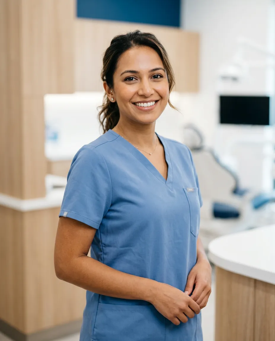 Friendly, welcoming dental professional smiling in a bright modern clinic